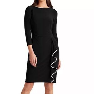 Lauren Ralph Lauren Ruffled Jersey Boatneck Dress Black with White Trim Sz 12
